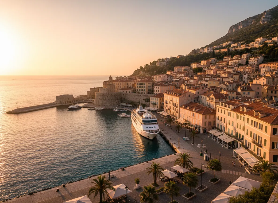 Mediterranean port city with cruise ship